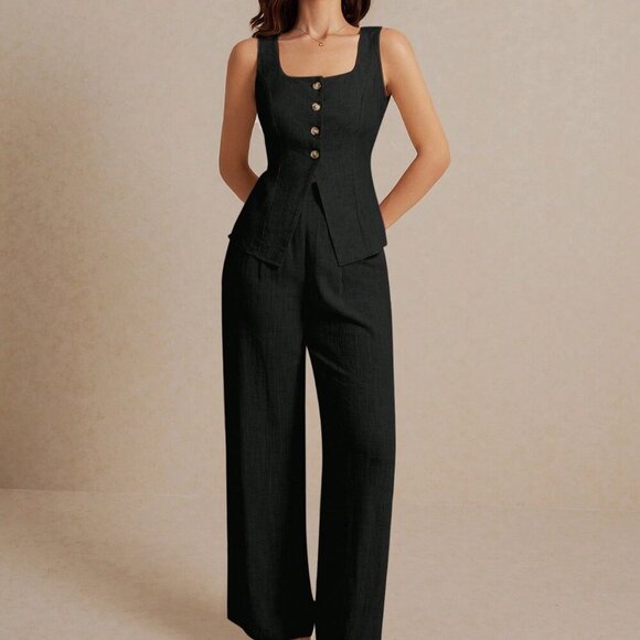 Black Casual Women's Summer Linen Suit Vest Sleeveless Top And Trousers Set - Picture 1 of 8